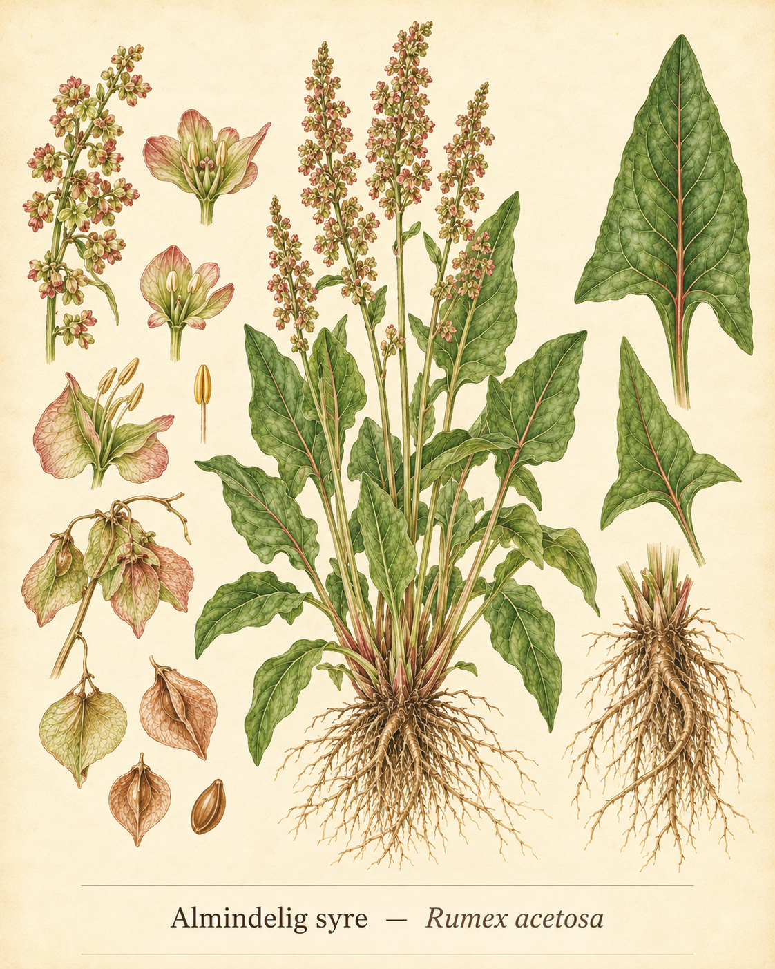 Kunstnerisk akvarel inspireret af Almindelig syre (Rumex acetosa)