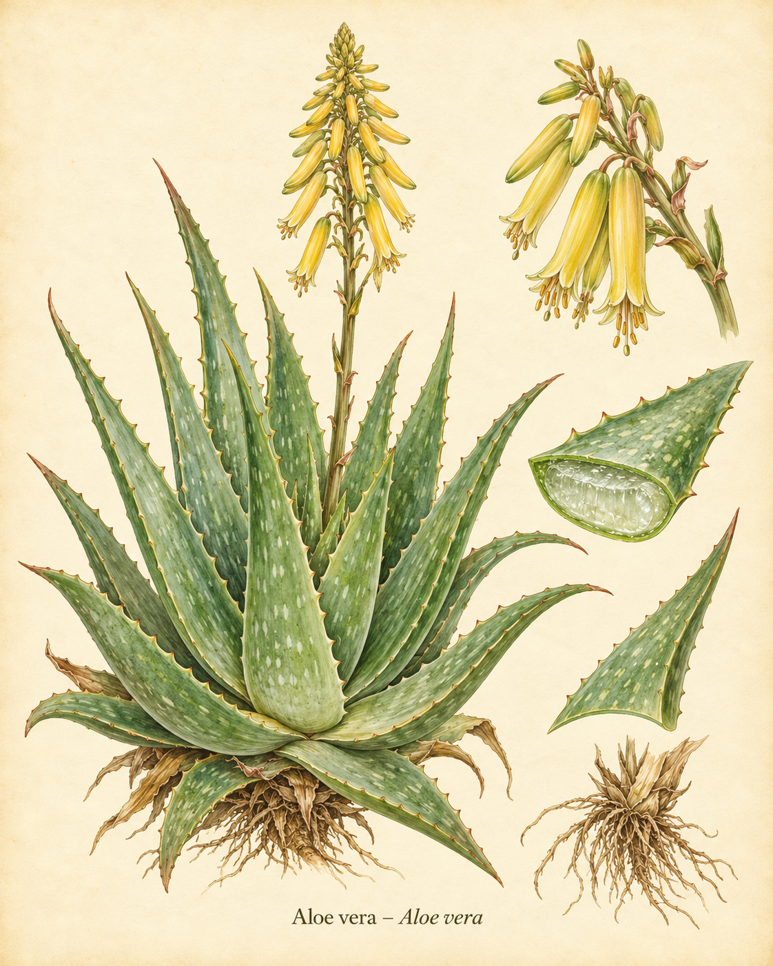 Kunstnerisk akvarel inspireret af Aloe vera (Aloe vera)