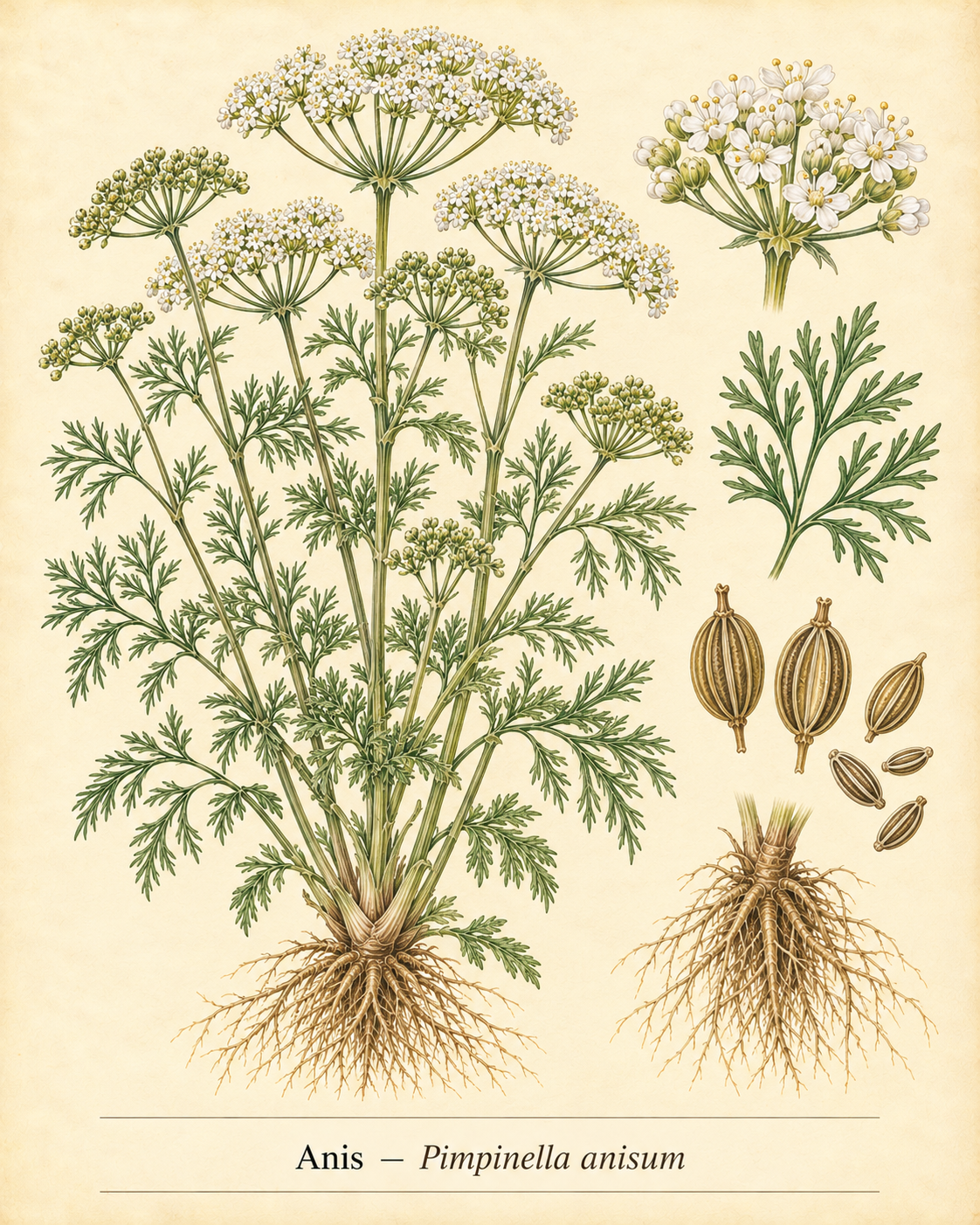 Kunstnerisk akvarel inspireret af Anis (Pimpinella anisum)