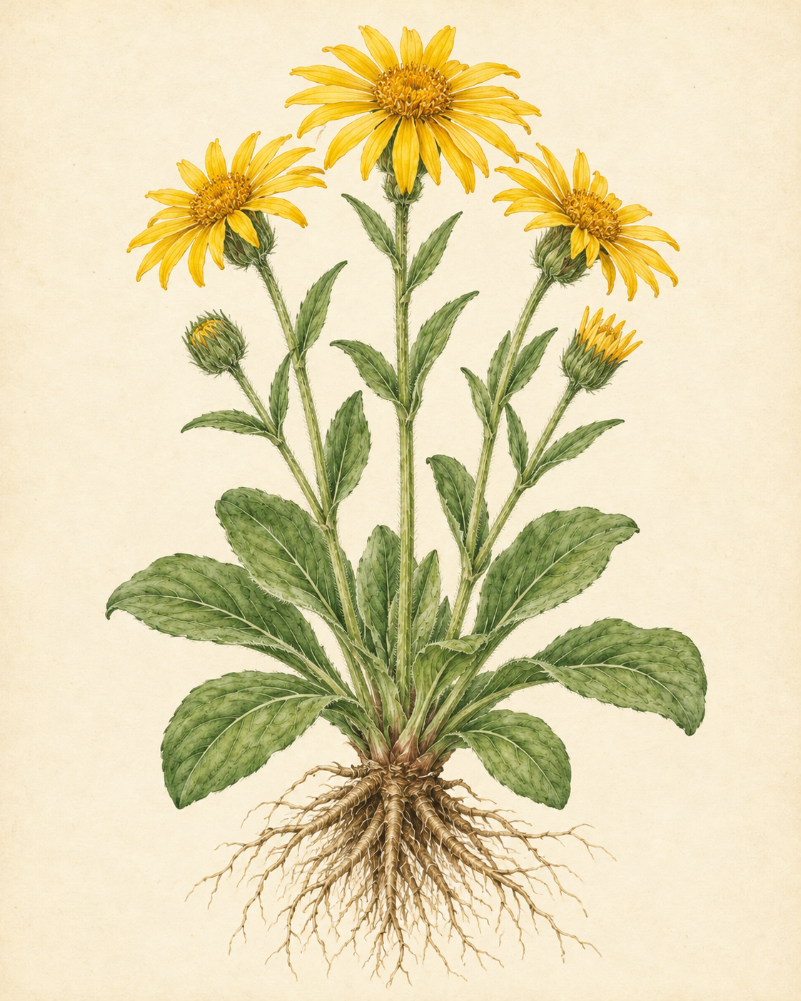 Kunstnerisk akvarel inspireret af Arnika (Arnica montana)