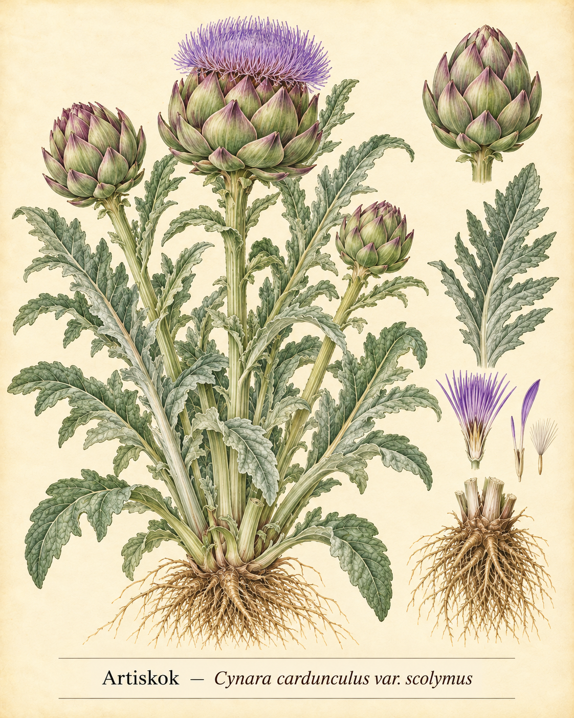 Kunstnerisk akvarel inspireret af Artiskok (Cynara cardunculus var. scolymus)