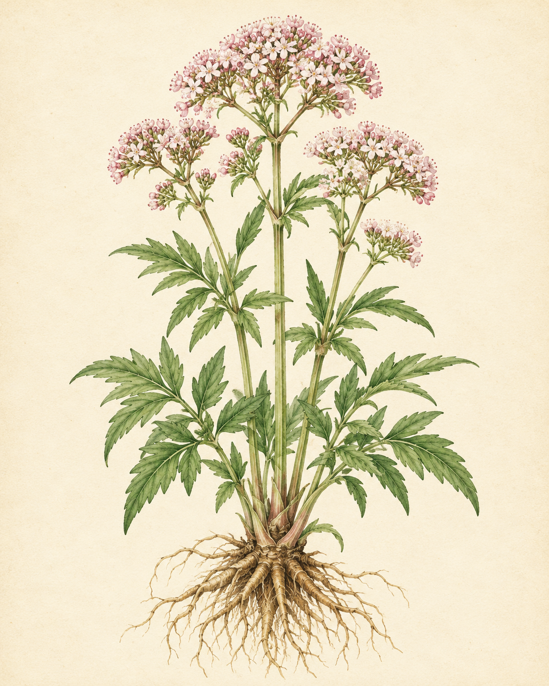 Kunstnerisk akvarel inspireret af Baldrian (Valeriana officinalis)