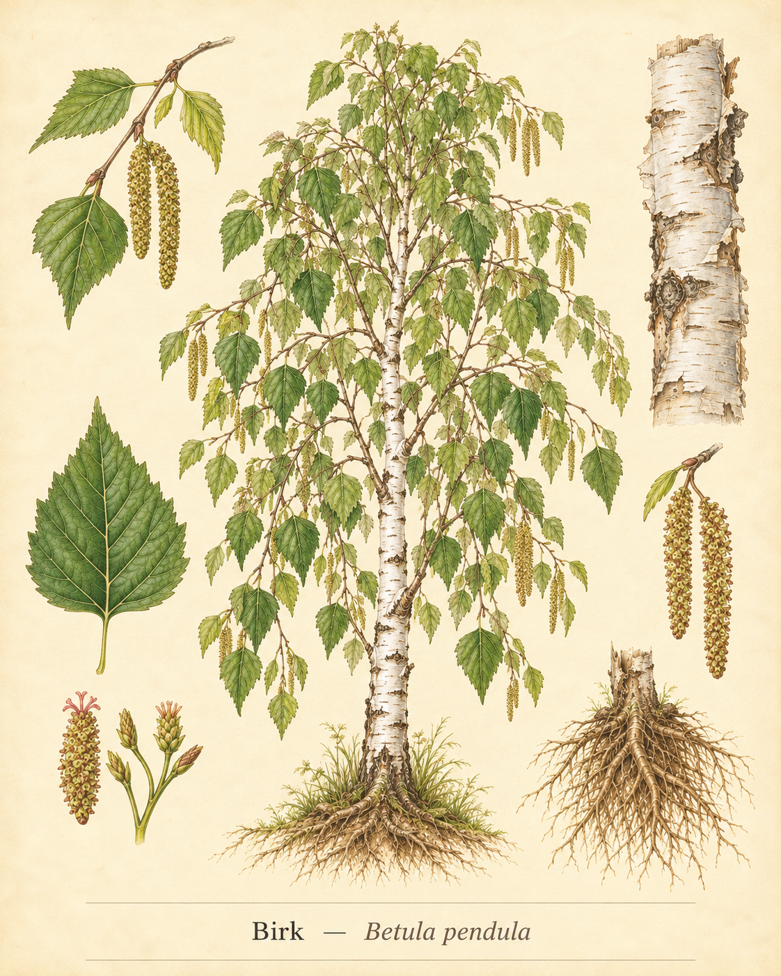Kunstnerisk akvarel inspireret af Birk (Betula pendula)