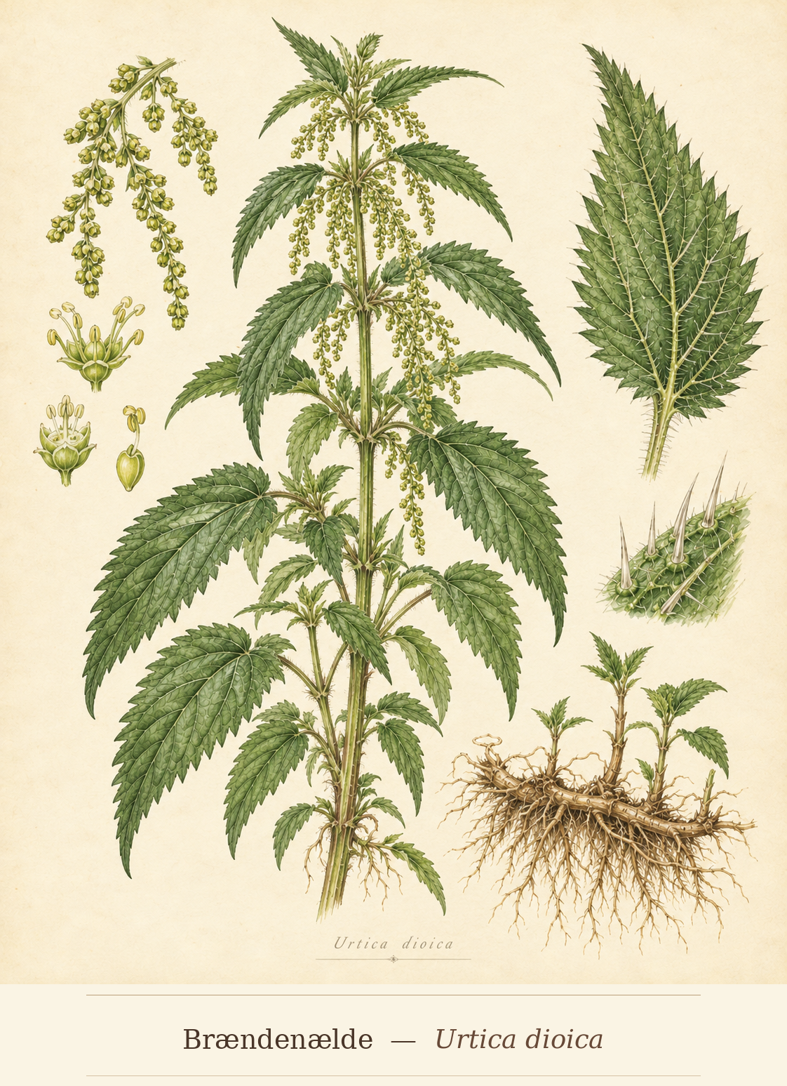 Kunstnerisk akvarel inspireret af Brændenælde (Urtica dioica)