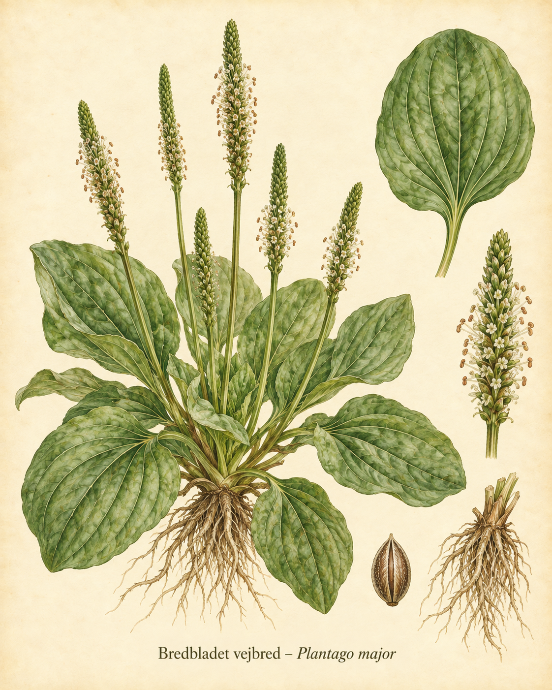 Kunstnerisk akvarel inspireret af Bredbladet vejbred (Plantago major)