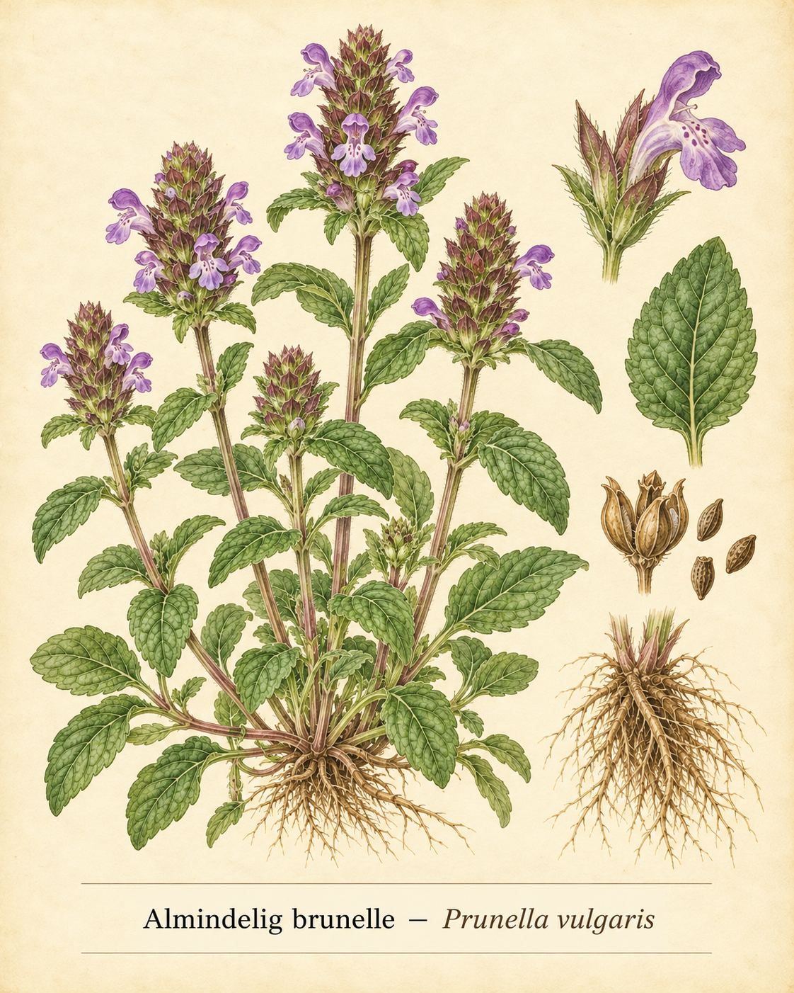 Kunstnerisk akvarel inspireret af Almindelig brunelle (Prunella vulgaris)