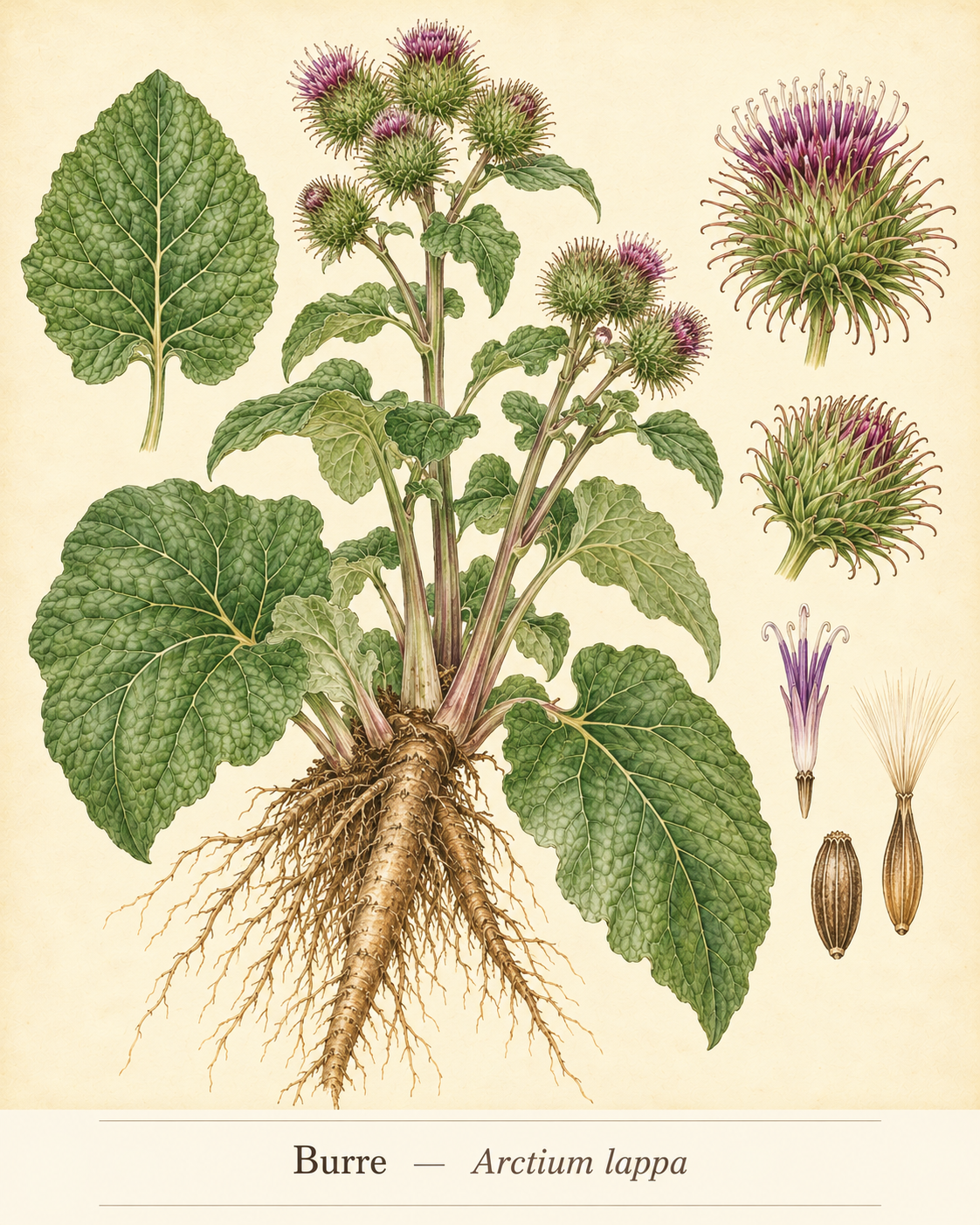 Kunstnerisk akvarel inspireret af Burre (Arctium lappa)
