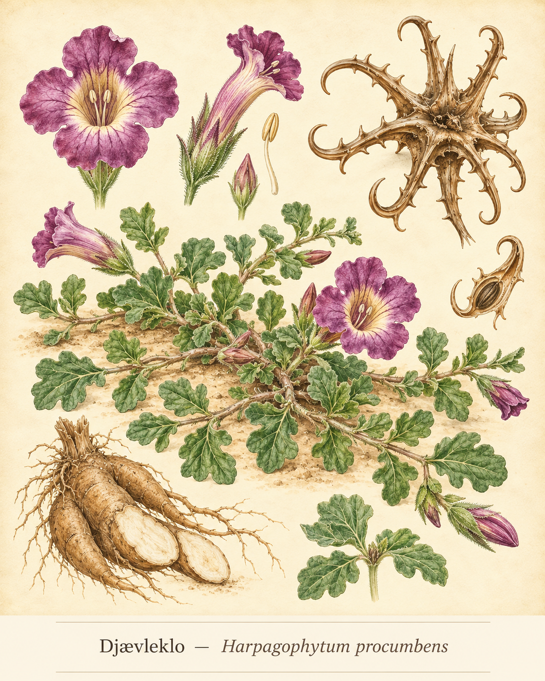Kunstnerisk akvarel inspireret af Djævleklo (Harpagophytum procumbens)