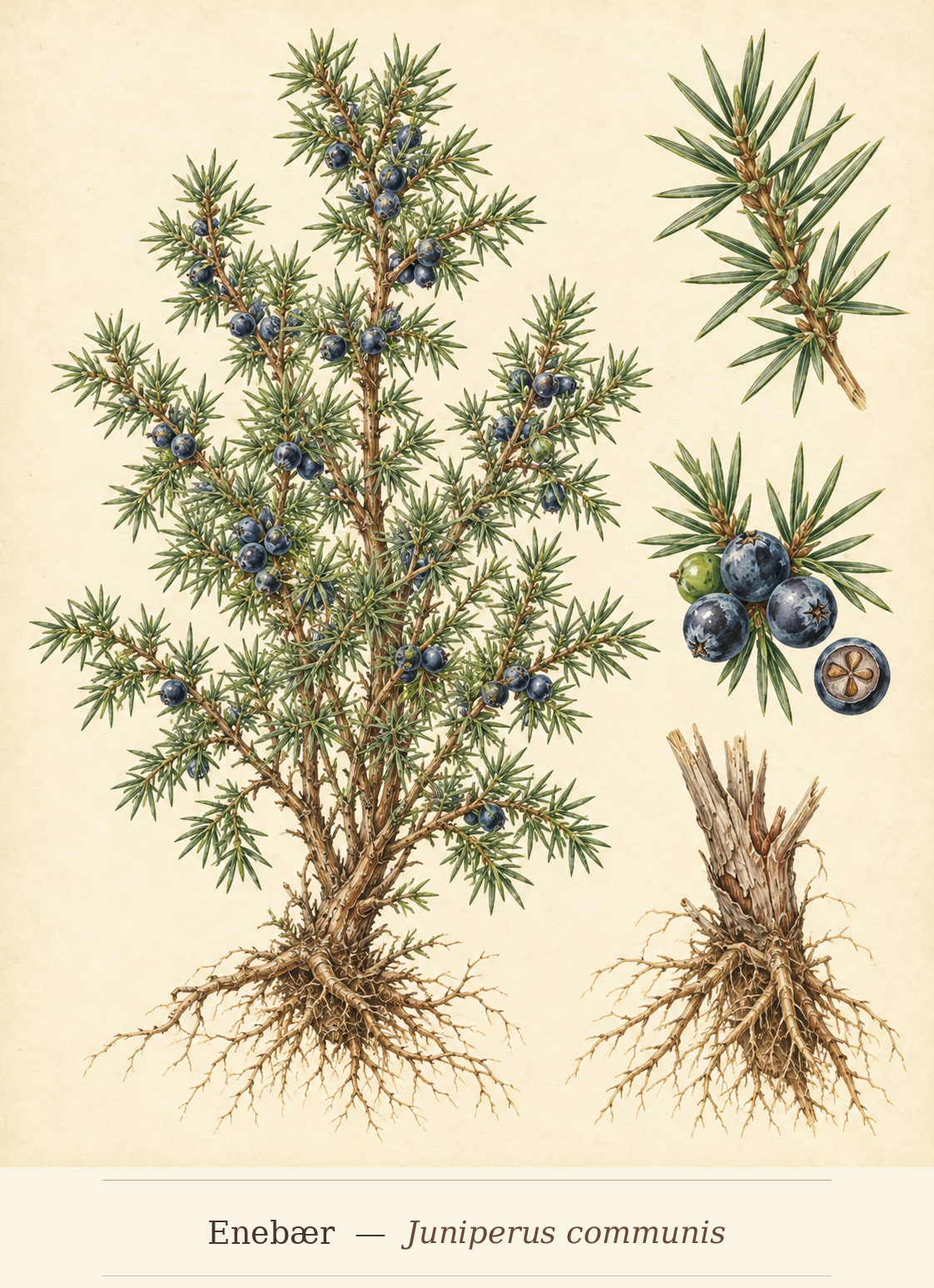Kunstnerisk akvarel inspireret af Enebær (Juniperus communis)