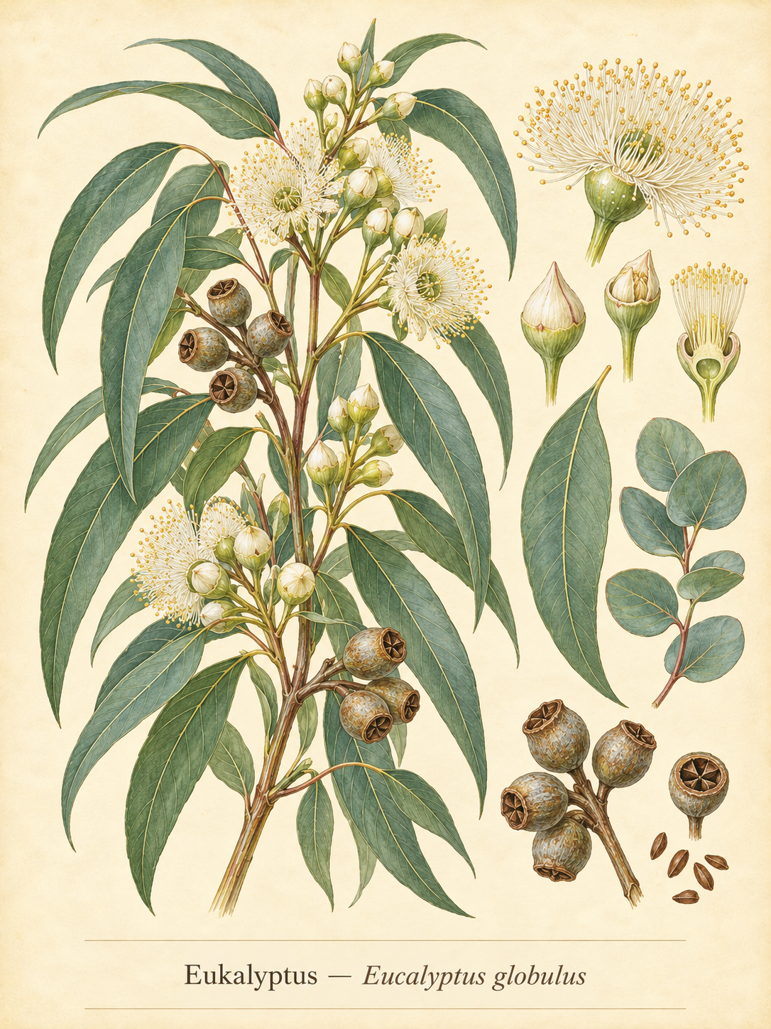 Kunstnerisk akvarel inspireret af Eukalyptus (Eucalyptus globulus)