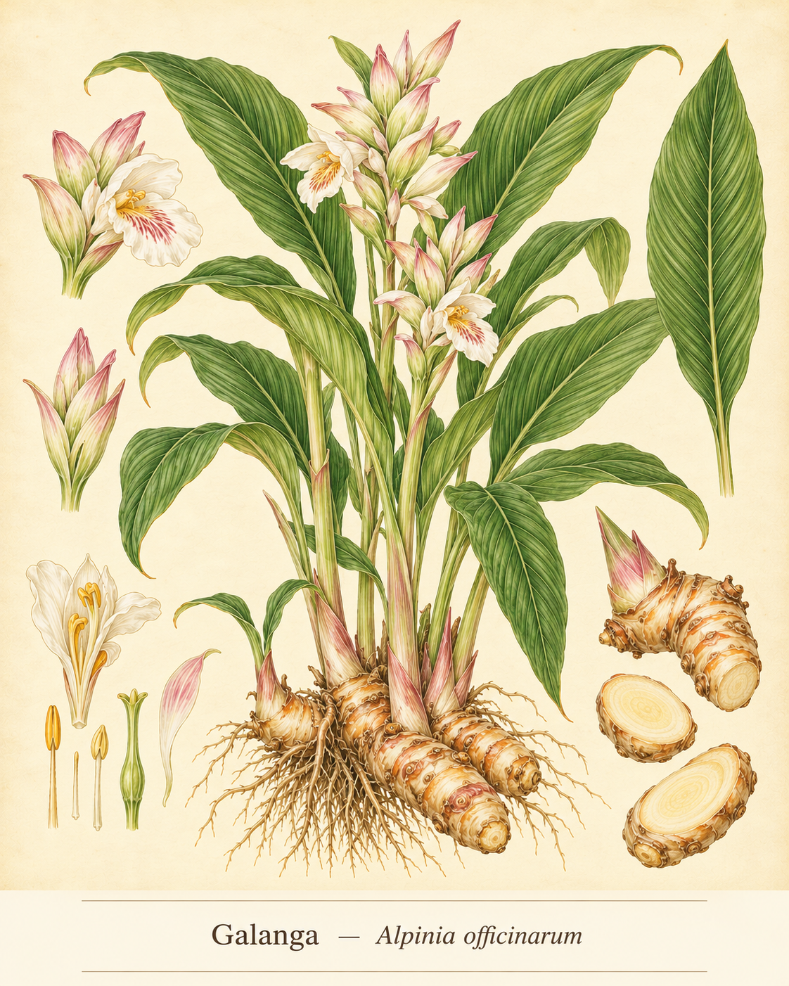 Kunstnerisk akvarel inspireret af Galanga (Alpinia officinarum)
