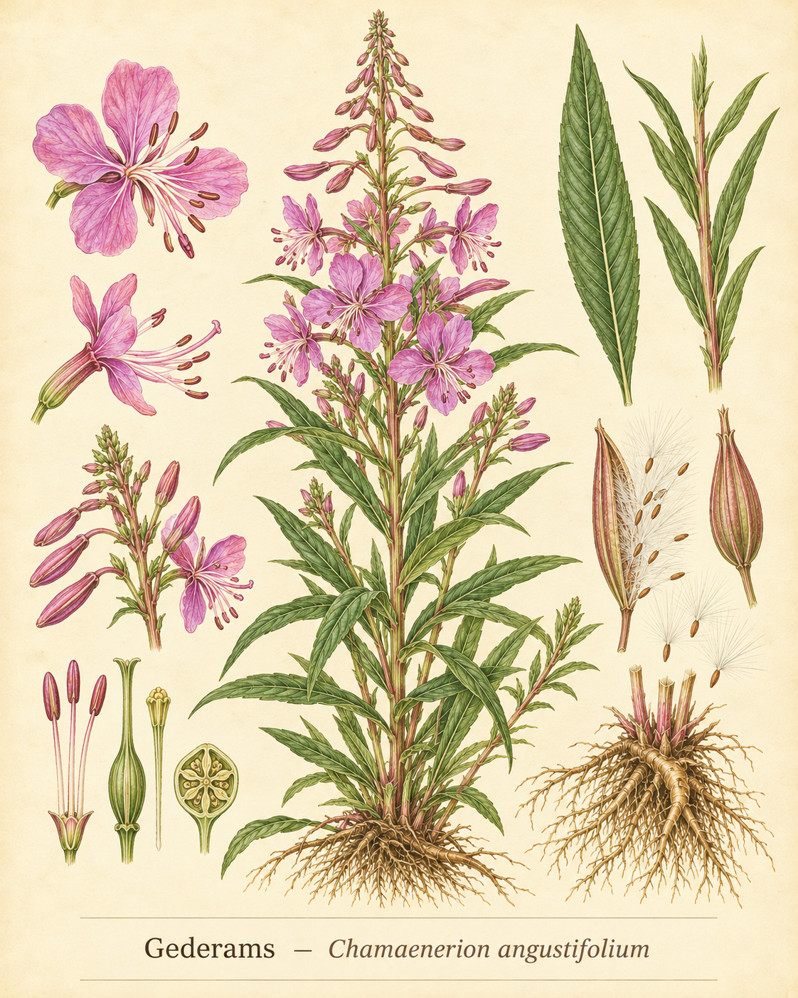 Kunstnerisk akvarel inspireret af Gederams (Chamaenerion angustifolium)