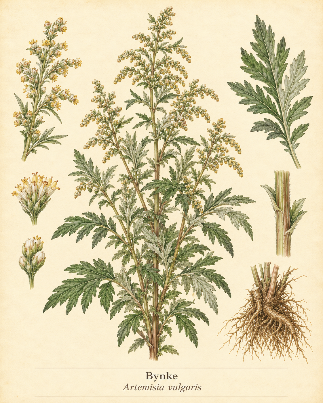 Kunstnerisk akvarel inspireret af Gråbynke (Artemisia vulgaris)
