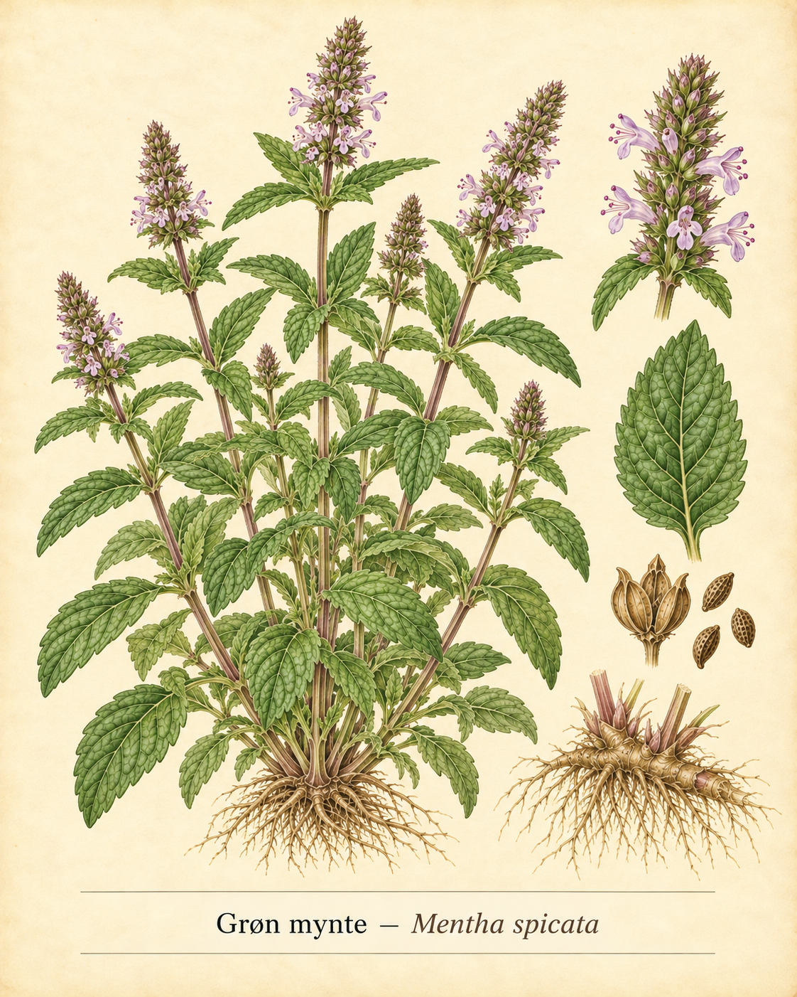 Kunstnerisk akvarel inspireret af Grøn mynte (Mentha spicata)