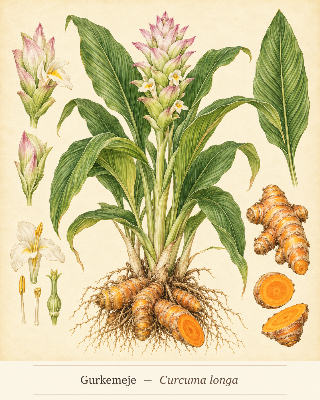 Kunstnerisk akvarel inspireret af Gurkemeje (Curcuma longa)
