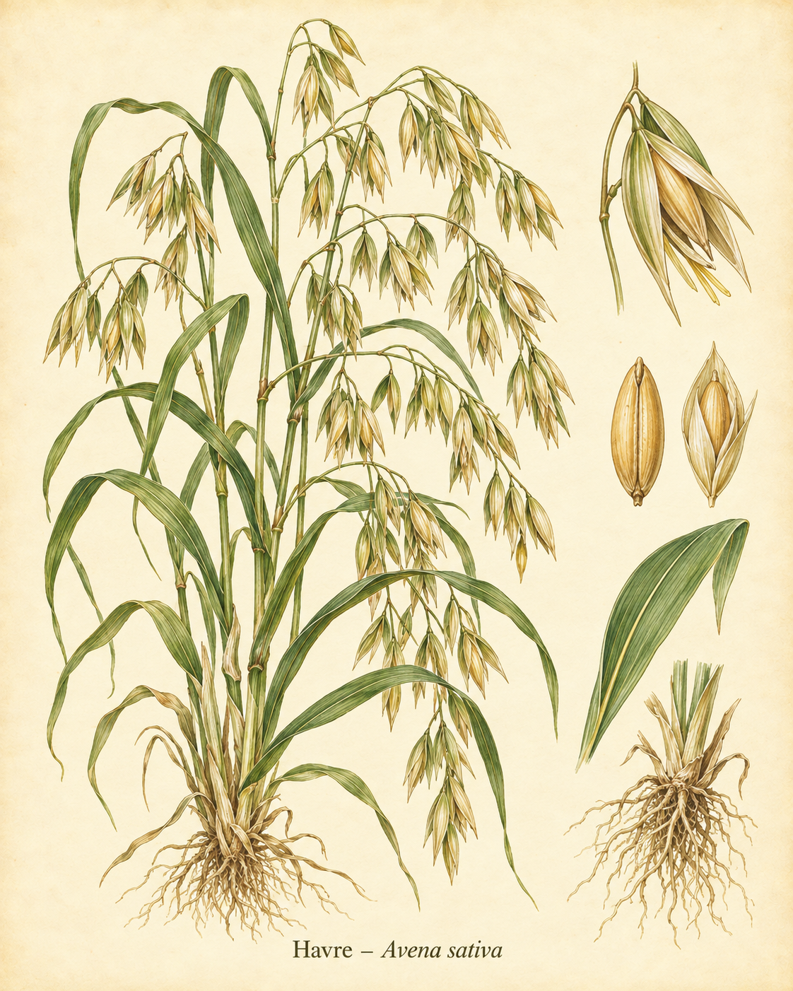 Kunstnerisk akvarel inspireret af Havre (Avena sativa)