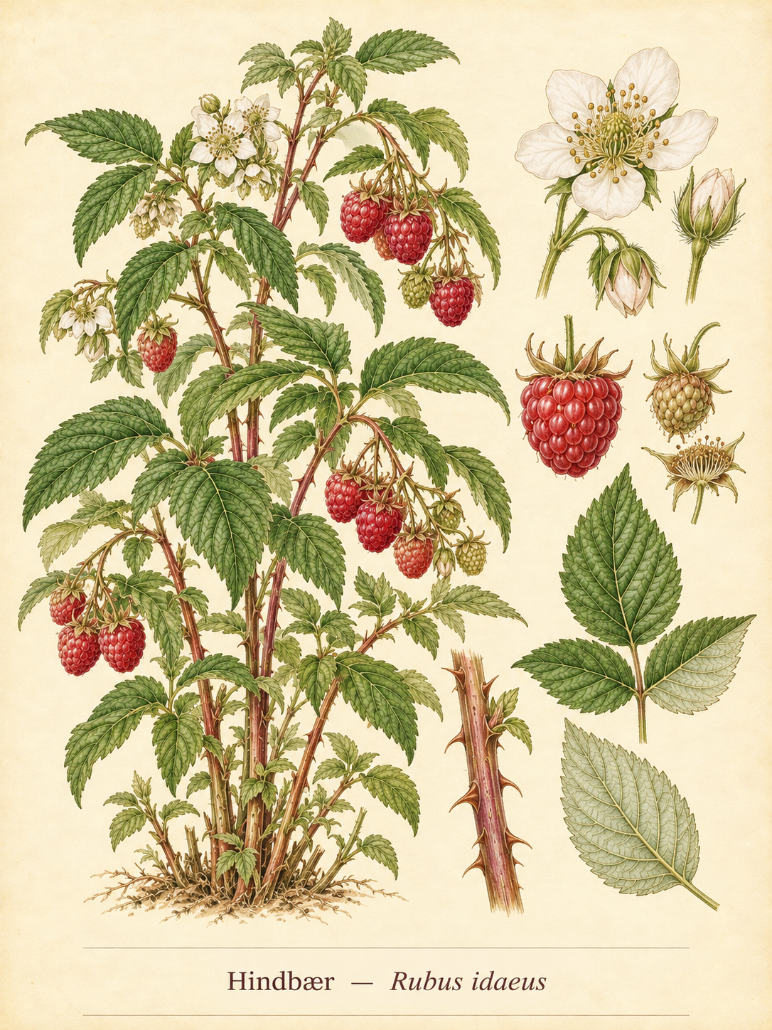 Kunstnerisk akvarel inspireret af Hindbær (Rubus idaeus)