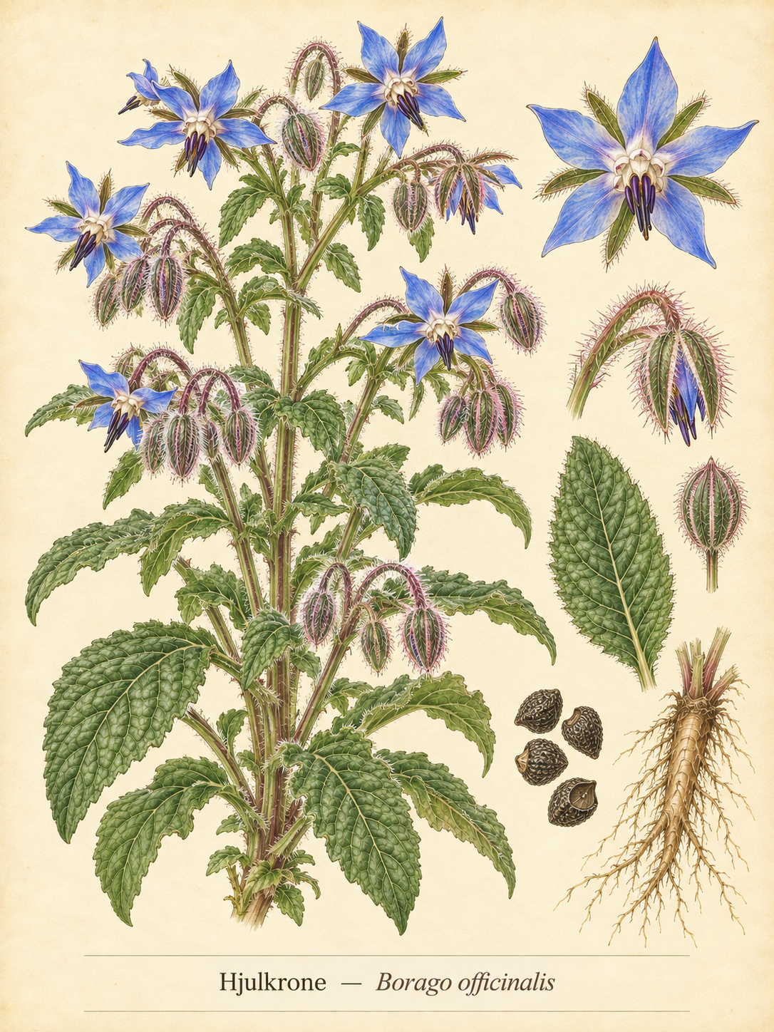 Kunstnerisk akvarel inspireret af Hjulkrone (Borago officinalis)
