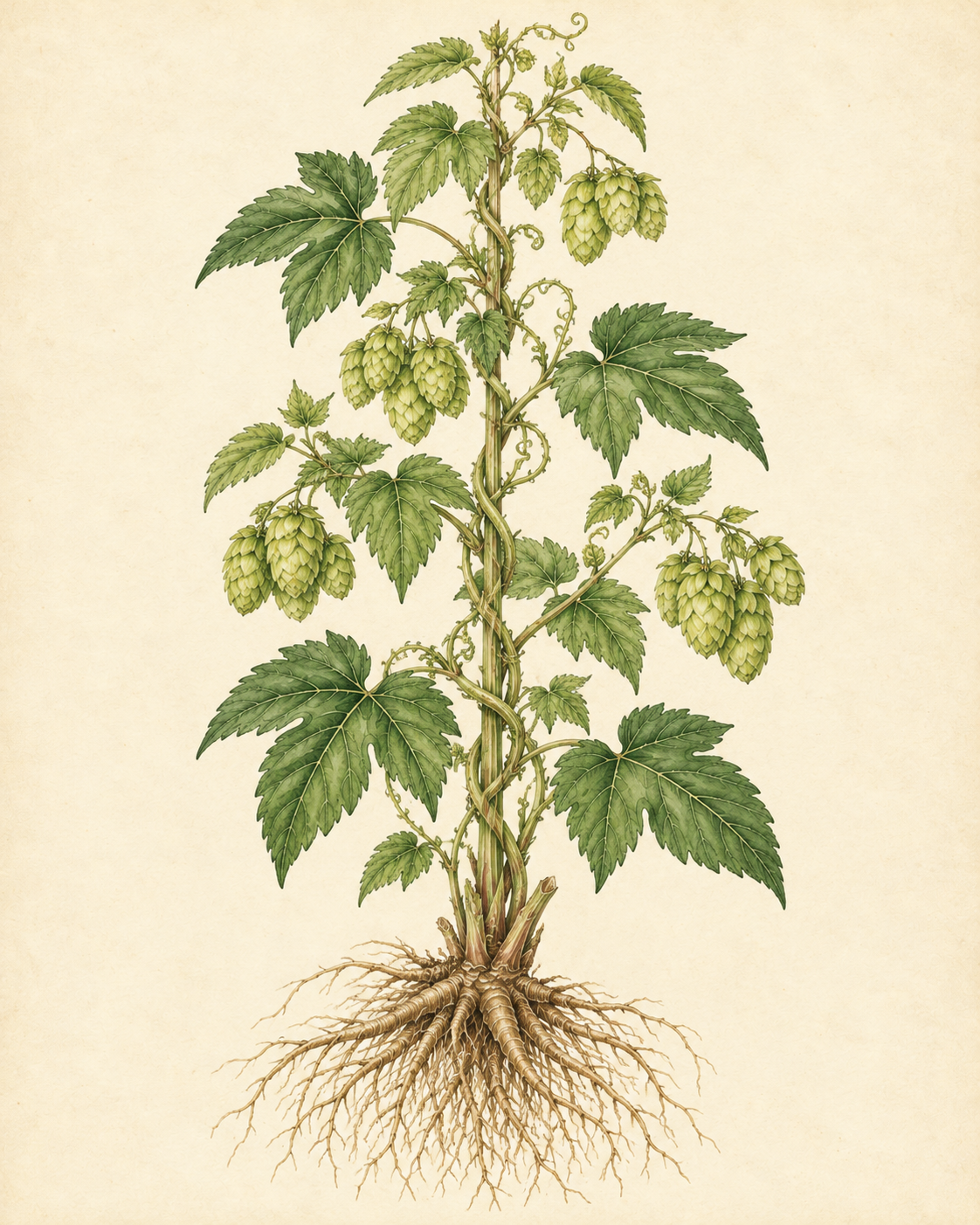 Kunstnerisk akvarel inspireret af Humle (Humulus lupulus)