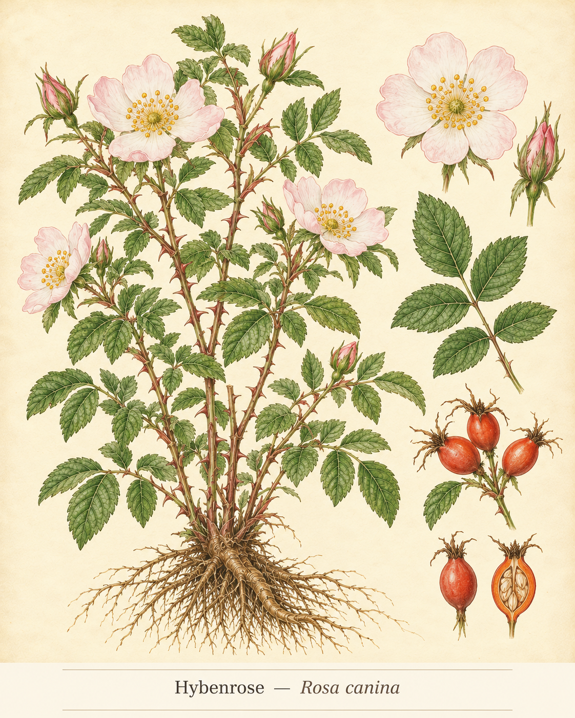 Kunstnerisk akvarel inspireret af Hunderose (Rosa canina)