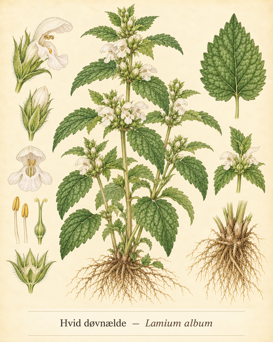 Kunstnerisk akvarel inspireret af Hvid døvnælde (Lamium album)