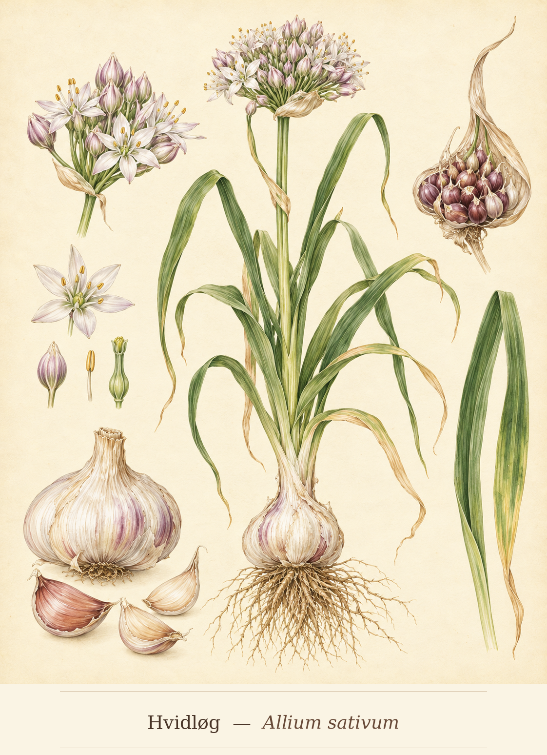 Kunstnerisk akvarel inspireret af Hvidløg (Allium sativum)