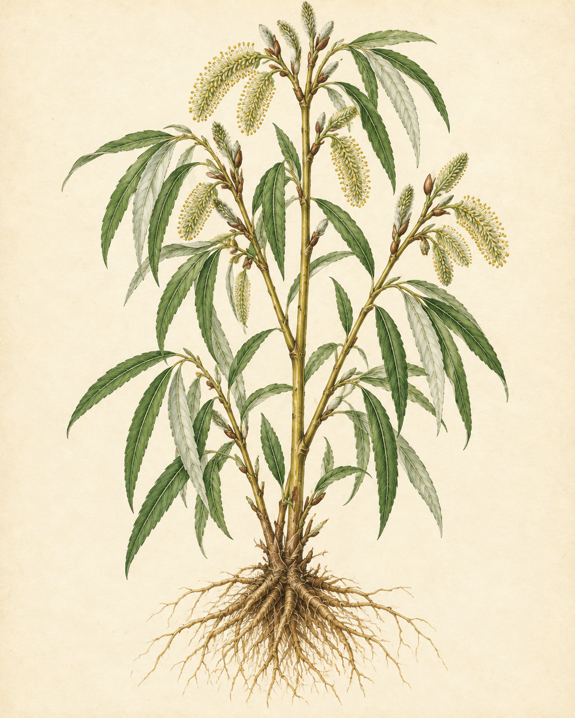 Kunstnerisk akvarel inspireret af Hvidpil (Salix alba)
