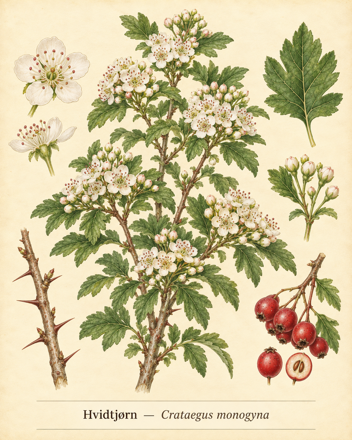 Kunstnerisk akvarel inspireret af Éngriflet tjørn (Crataegus monogyna)