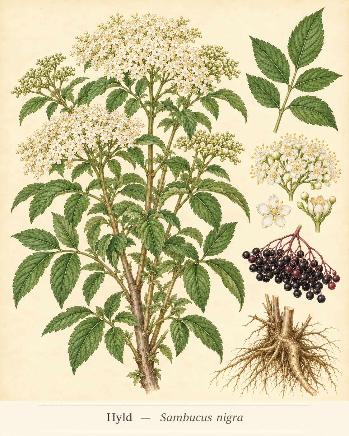 Kunstnerisk akvarel inspireret af Almindelig hyld (Sambucus nigra)