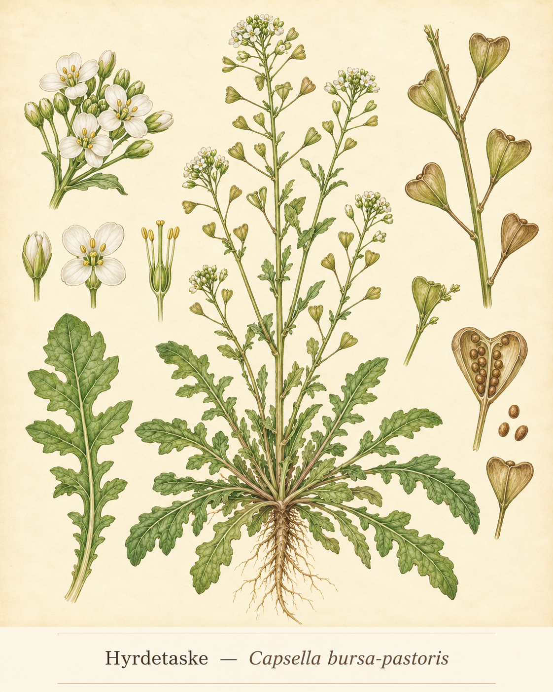 Kunstnerisk akvarel inspireret af Hyrdetaske (Capsella bursa-pastoris)