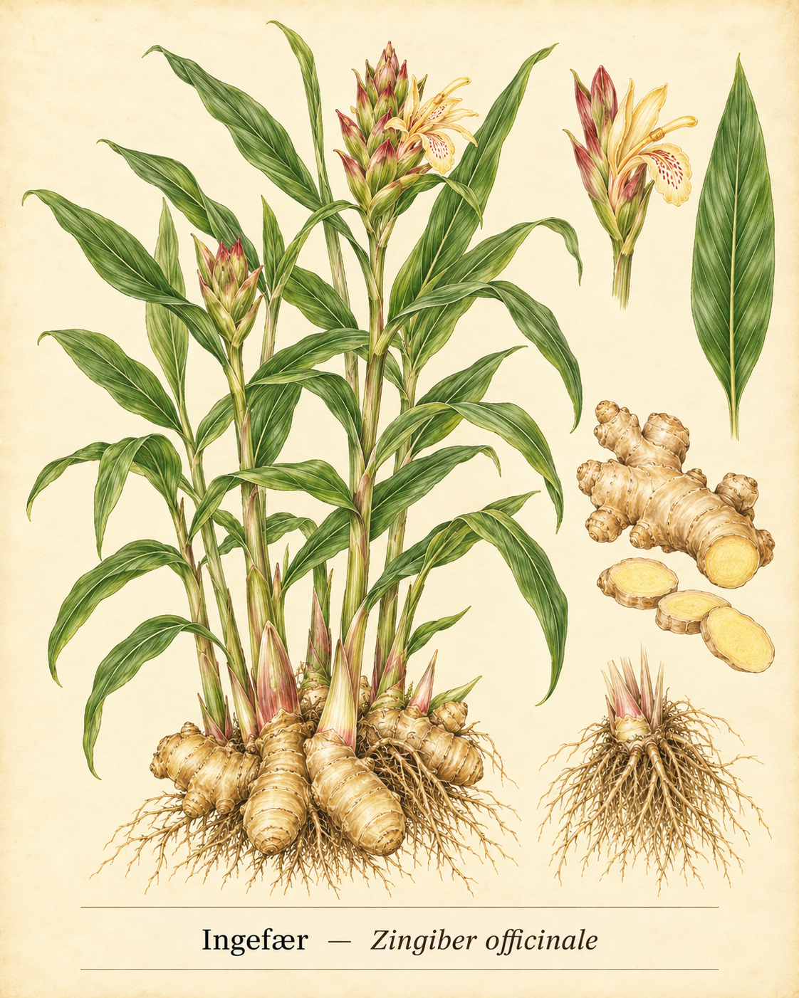 Kunstnerisk akvarel inspireret af Ingefær (Zingiber officinale)