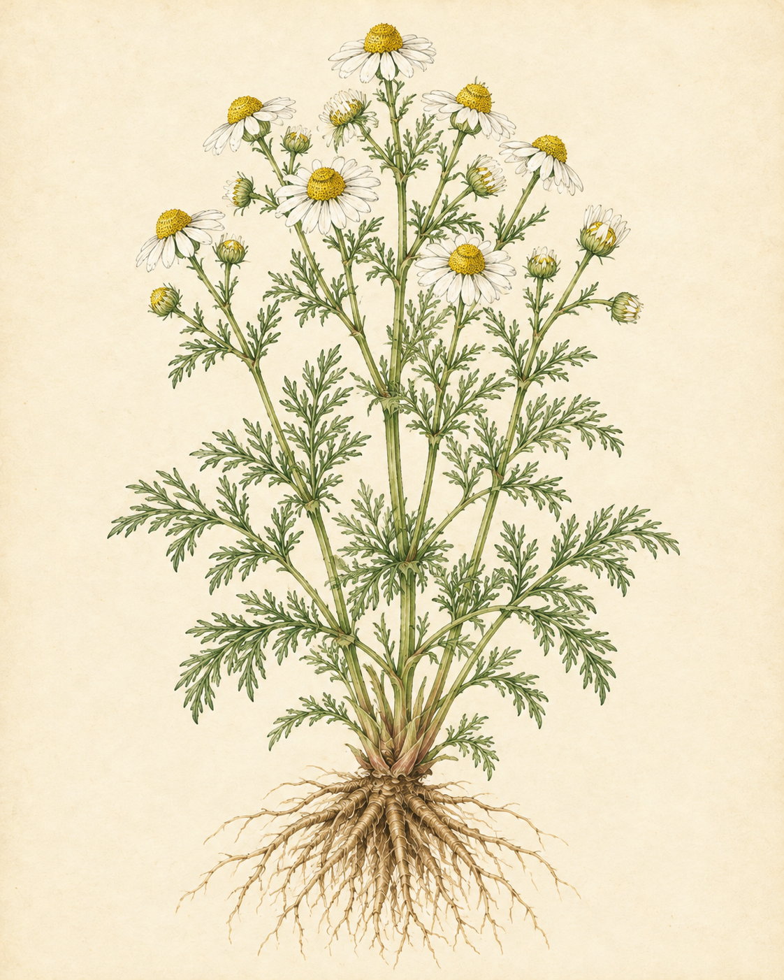 Kunstnerisk akvarel inspireret af Kamille (Matricaria chamomilla)