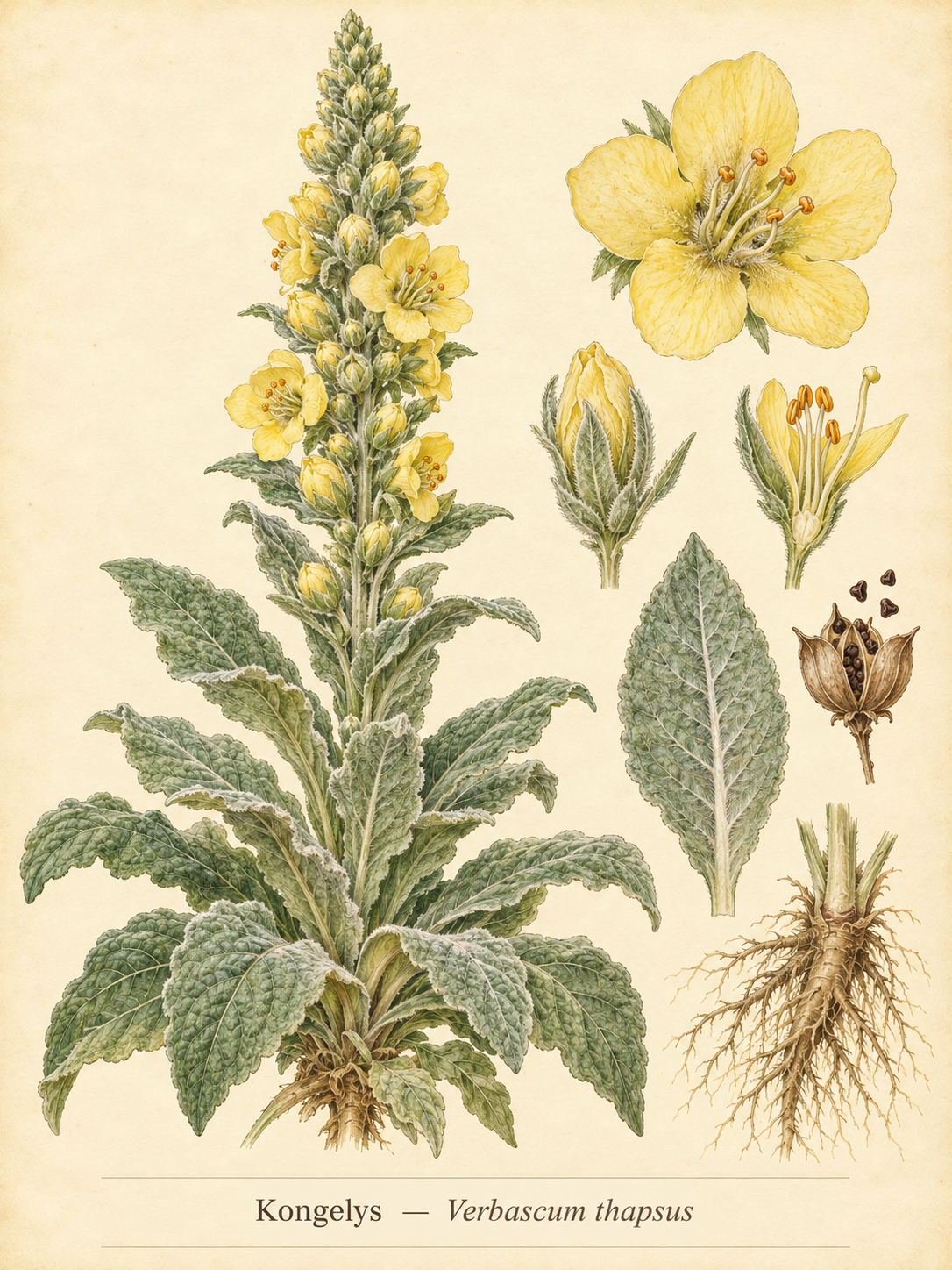 Kunstnerisk akvarel inspireret af Kongelys (Verbascum thapsus)