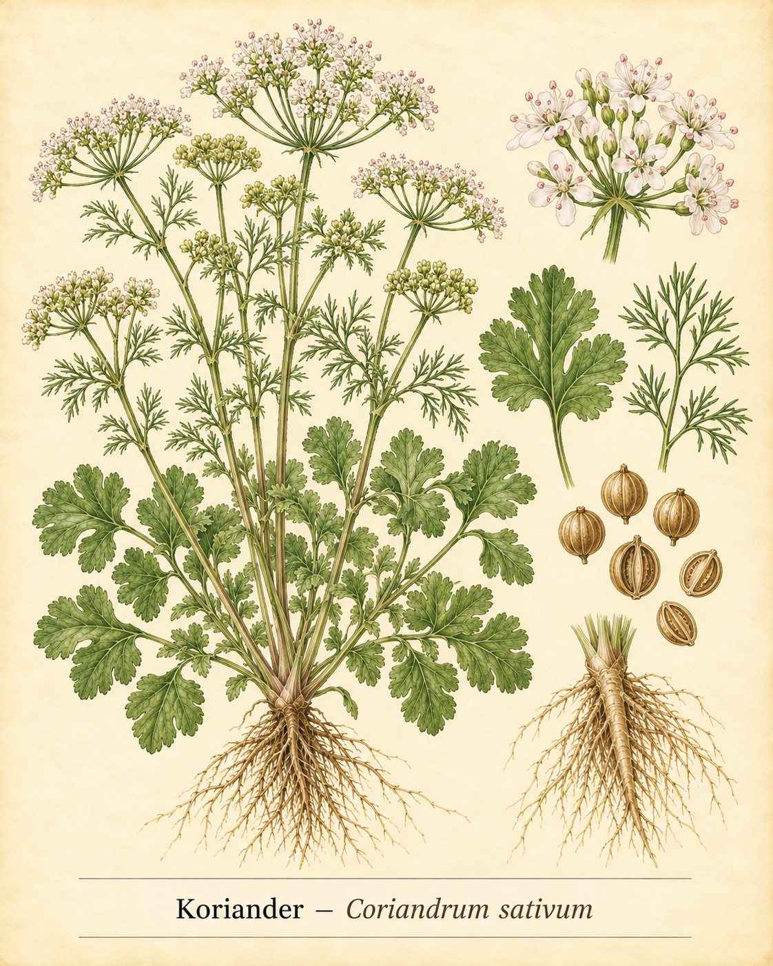 Kunstnerisk akvarel inspireret af Koriander (Coriandrum sativum)