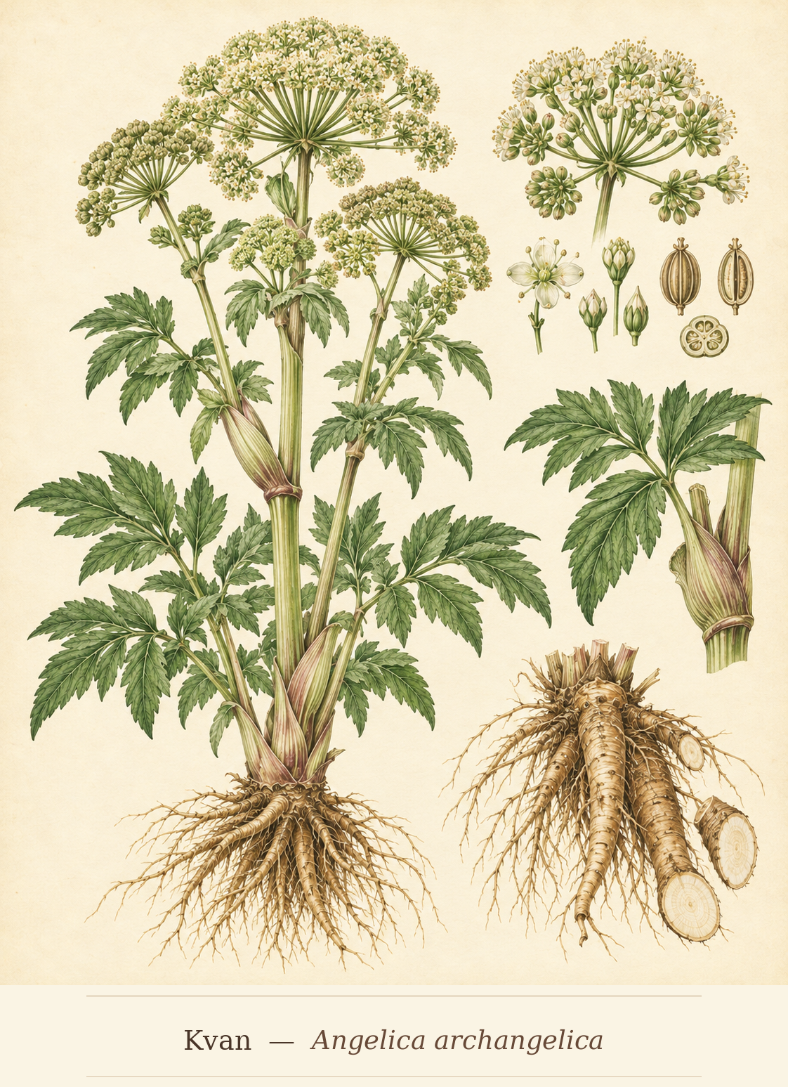 Kunstnerisk akvarel inspireret af Kvan (Angelica archangelica)