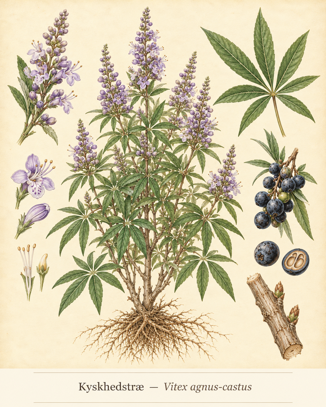 Kunstnerisk akvarel inspireret af Kyskhedstræ (Vitex agnus-castus)