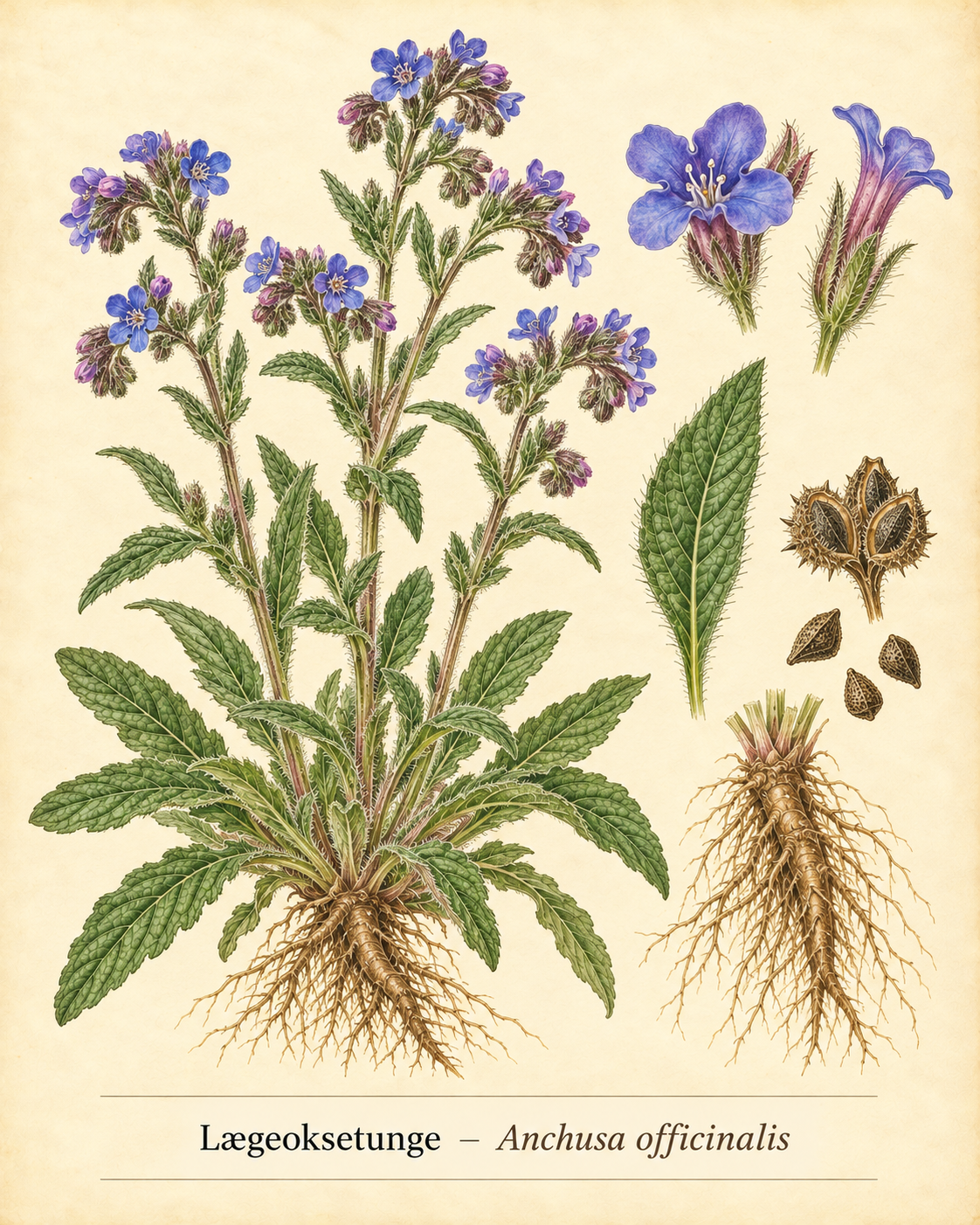Kunstnerisk akvarel inspireret af Lægeoksetunge (Anchusa officinalis)