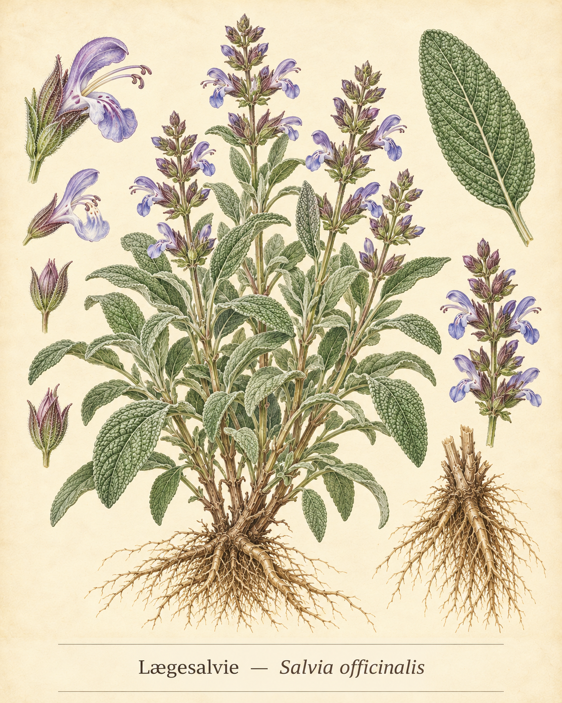 Kunstnerisk akvarel inspireret af Lægesalvie (Salvia officinalis)