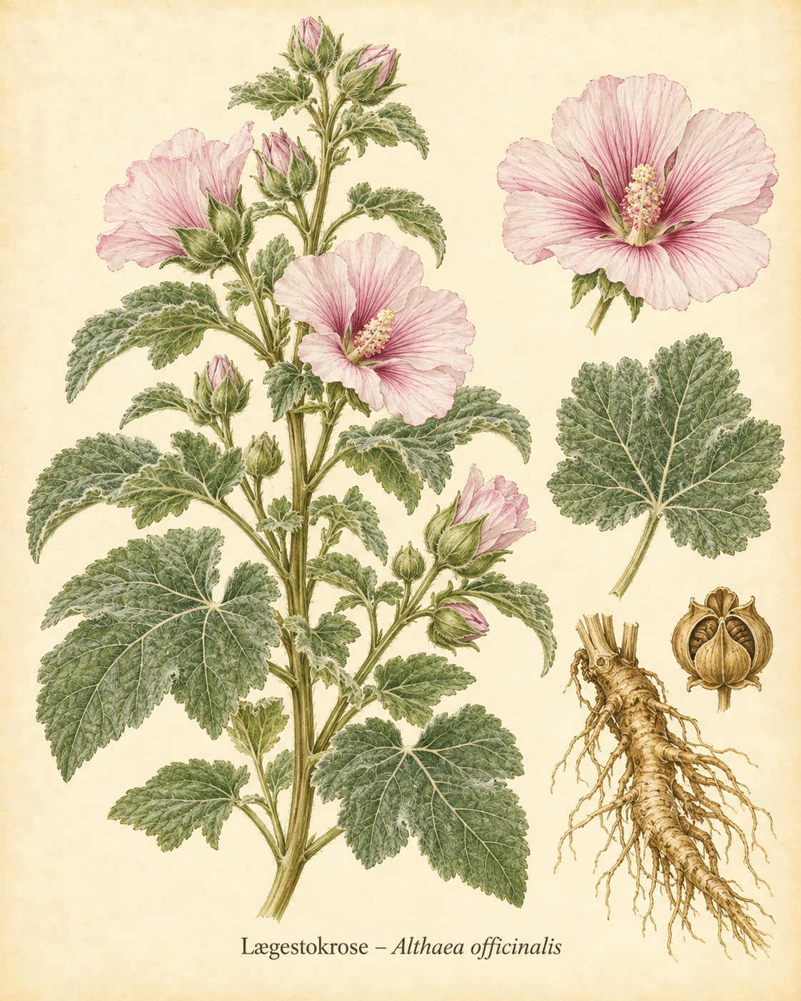 Kunstnerisk akvarel inspireret af Lægestokrose (Althaea officinalis)