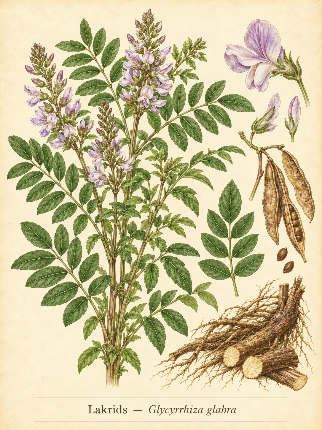 Kunstnerisk akvarel inspireret af Lakrids (Glycyrrhiza glabra)