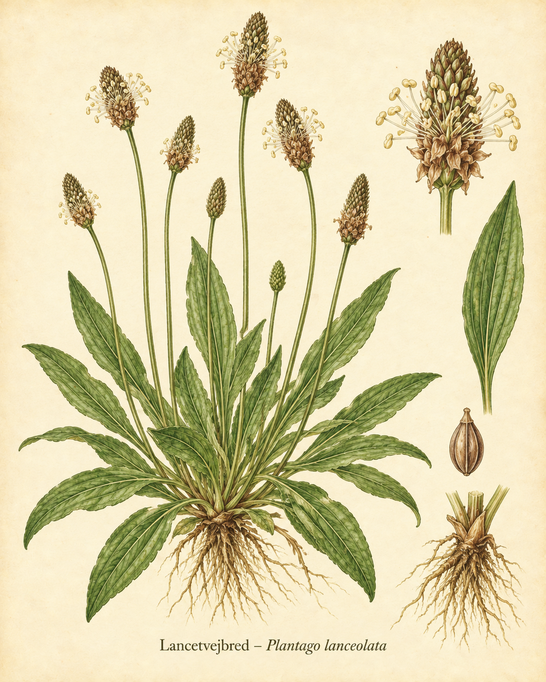 Kunstnerisk akvarel inspireret af Lancetvejbred (Plantago lanceolata)