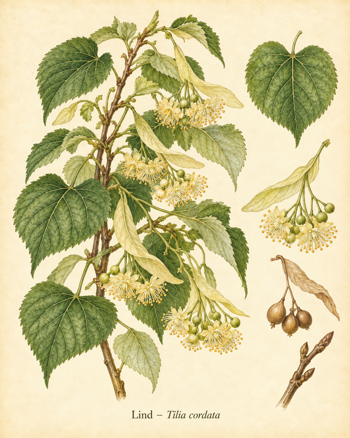 Kunstnerisk akvarel inspireret af Lind (Tilia cordata)
