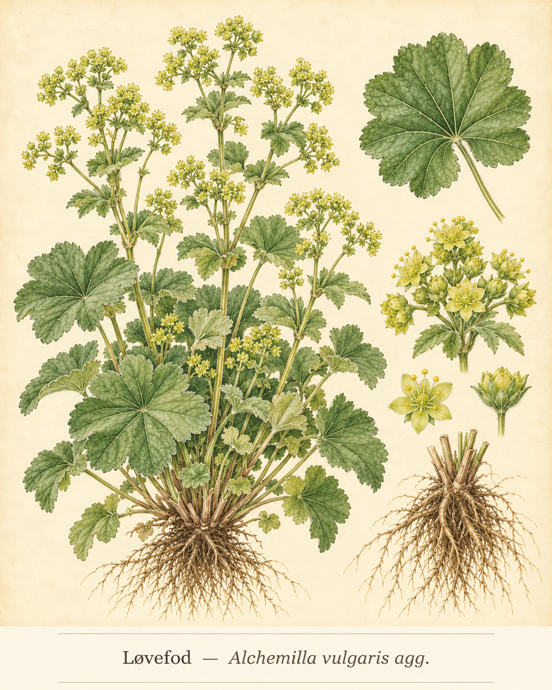Kunstnerisk akvarel inspireret af Løvefod (Alchemilla vulgaris agg.)