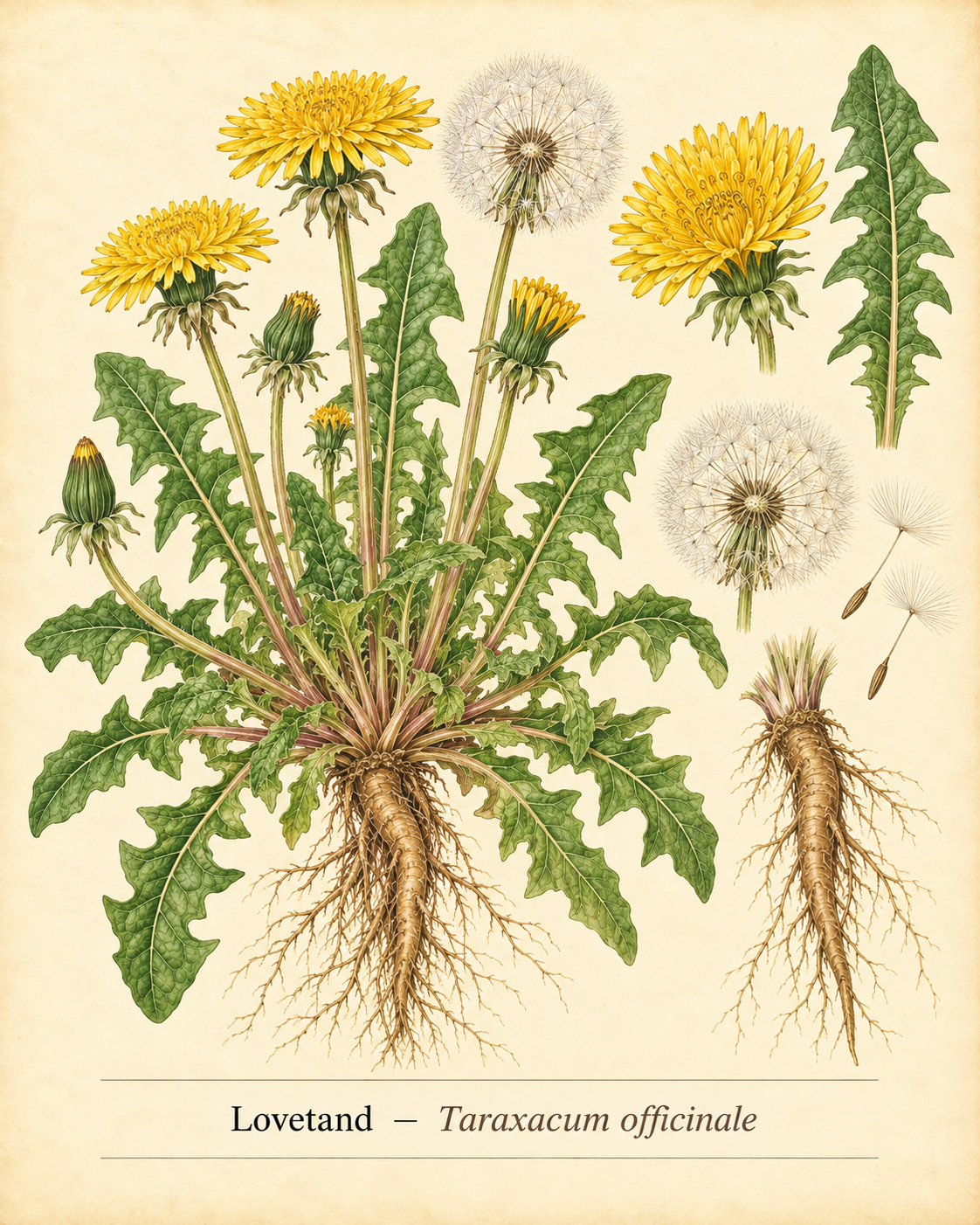 Kunstnerisk akvarel inspireret af Løvetand (Taraxacum officinale)