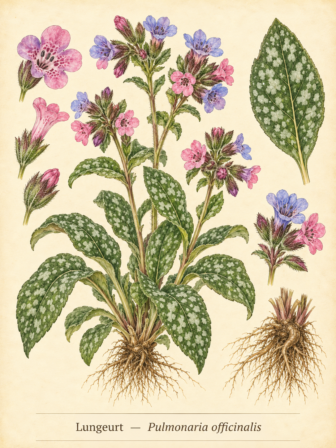 Kunstnerisk akvarel inspireret af Lungeurt (Pulmonaria officinalis)