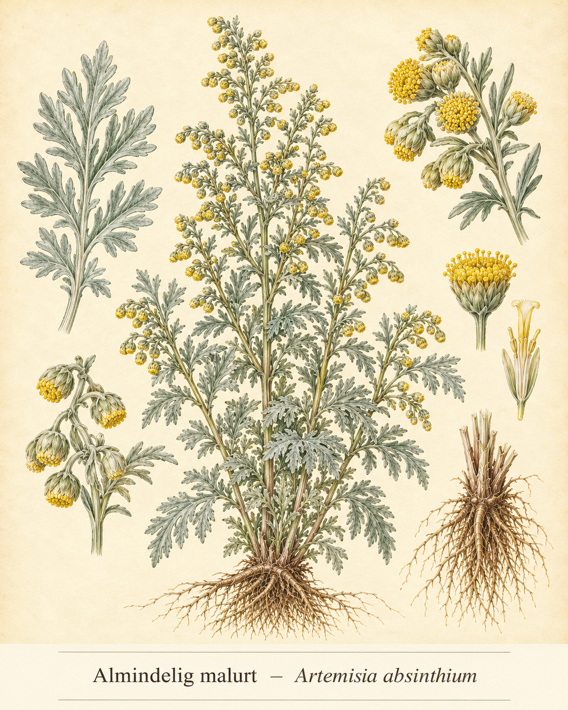 Kunstnerisk akvarel inspireret af Almindelig malurt (Artemisia absinthium)