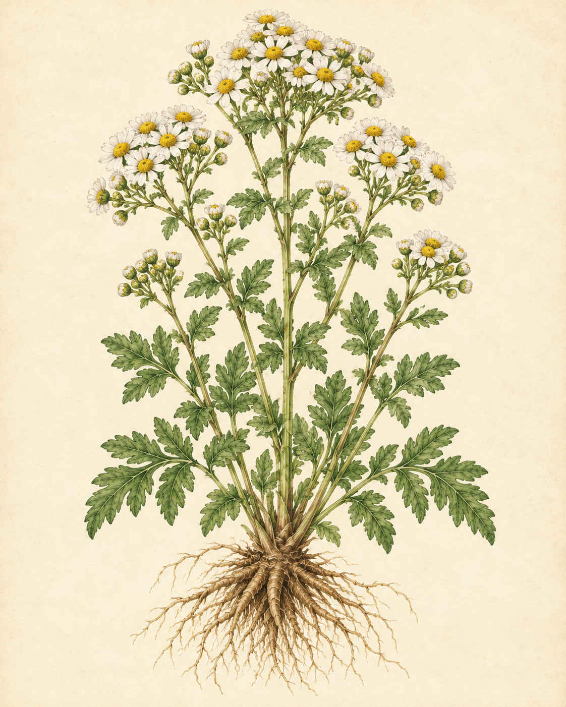 Kunstnerisk akvarel inspireret af Matrem (Tanacetum parthenium)