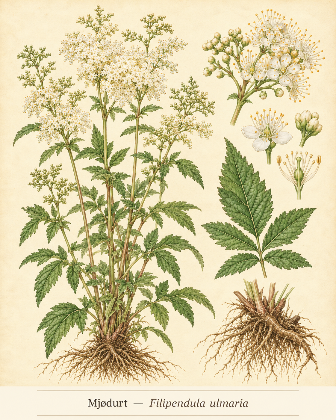 Kunstnerisk akvarel inspireret af Mjødurt (Filipendula ulmaria)