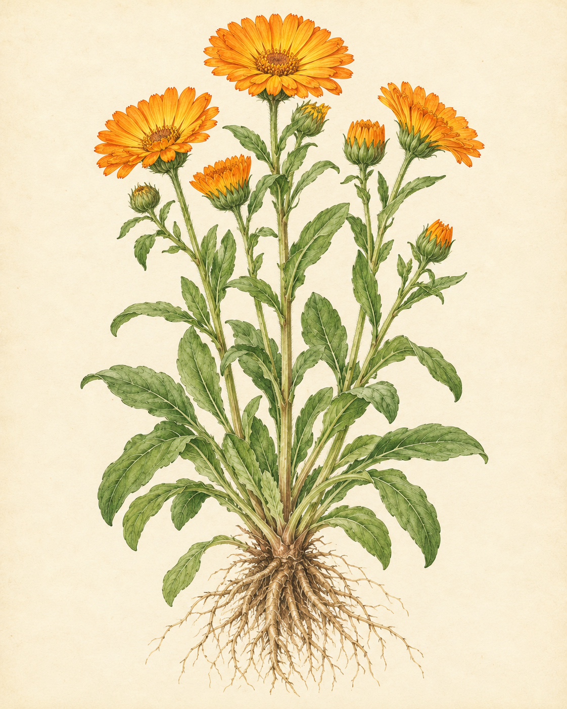 Kunstnerisk akvarel inspireret af Morgenfrue (Calendula officinalis)