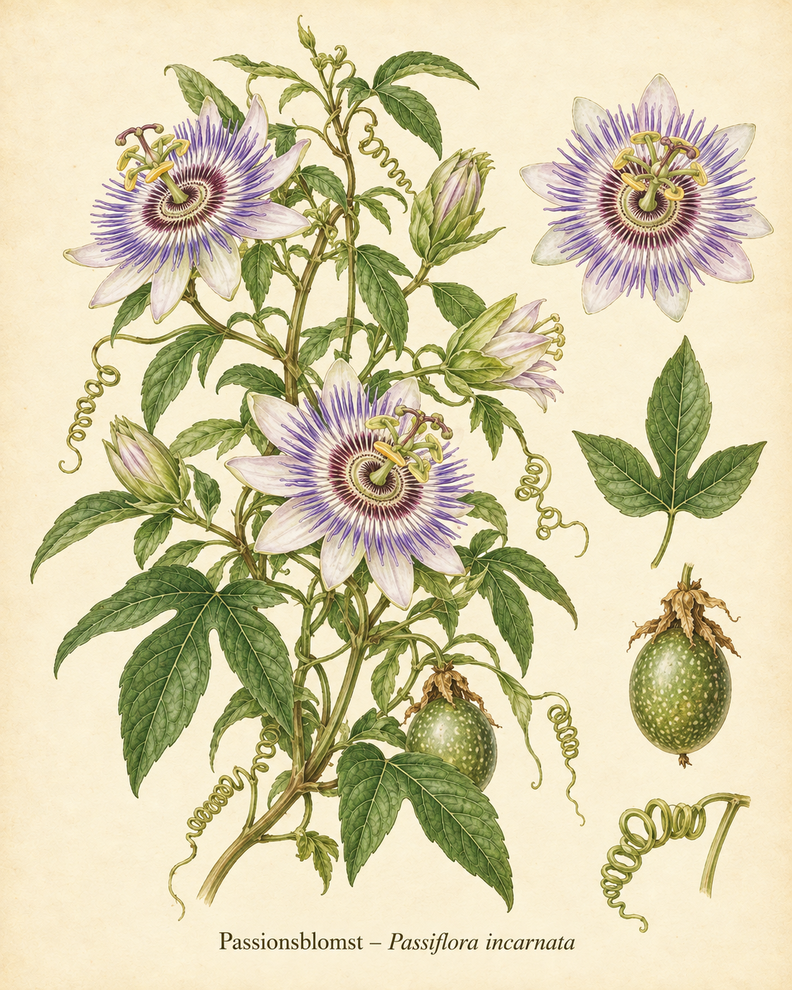Kunstnerisk akvarel inspireret af Passionsblomst (Passiflora incarnata)